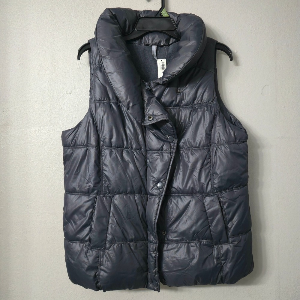 Old Navy Womens Puffer Vest Dark Gray Quilted Fleece Lined Funnel Neck Large NEW